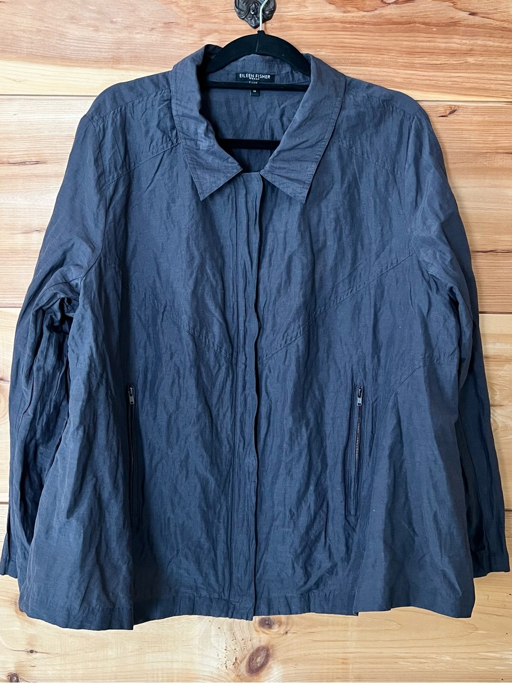 Eileen Fisher Blue-Gray Zip & Snap Front Lightweight Crinkle Jacket Minimalist